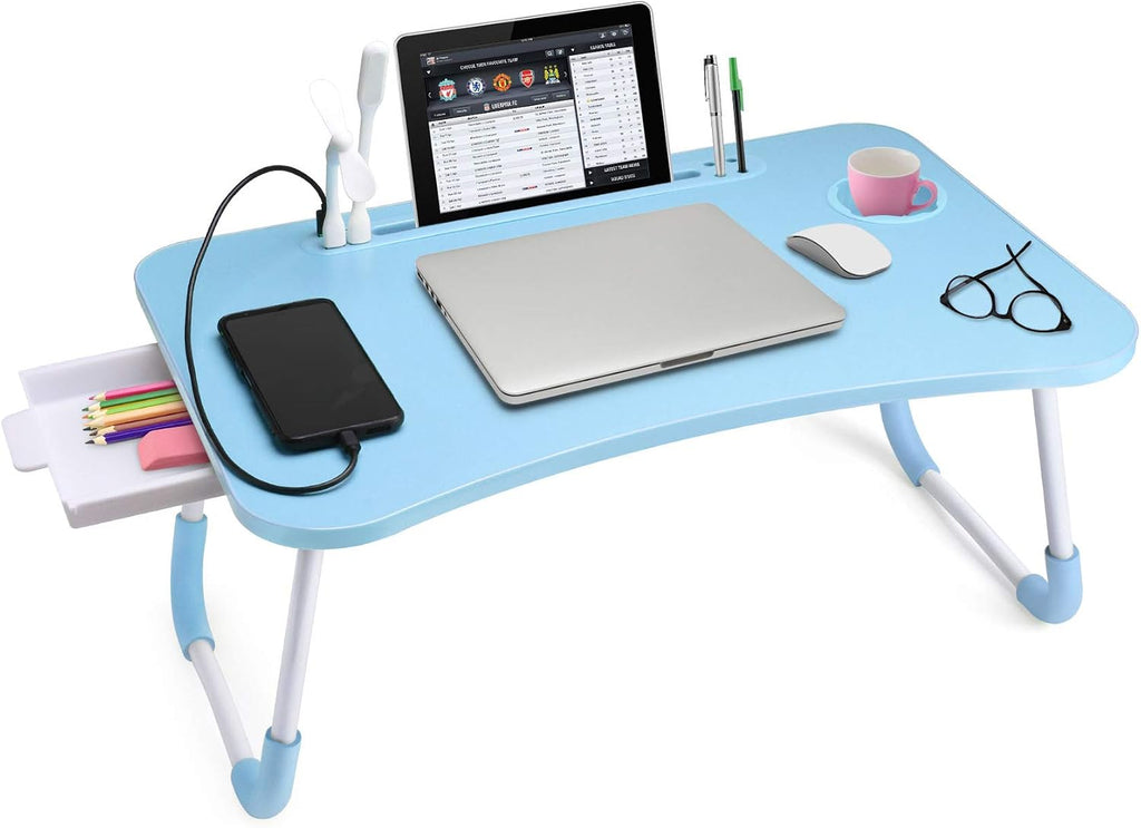 Bed desk for laptop and writing with storage, cup holder, light, fan, pen holder, tablet holder, foldable, for bed, couch, floor, portable, blue