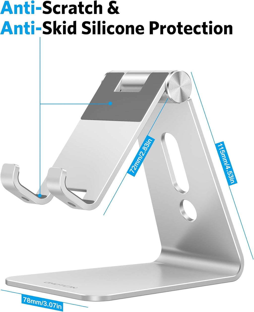 C2 Adjustable Aluminum Cell Phone Stand with Charging Cutout, Silver | Sturdy 3mm Base with Non-Slip Silicone Pads, Multi-Angle, Works with 19mm Thick Cases Smartphones, Desktop Recording Facetime - view 3