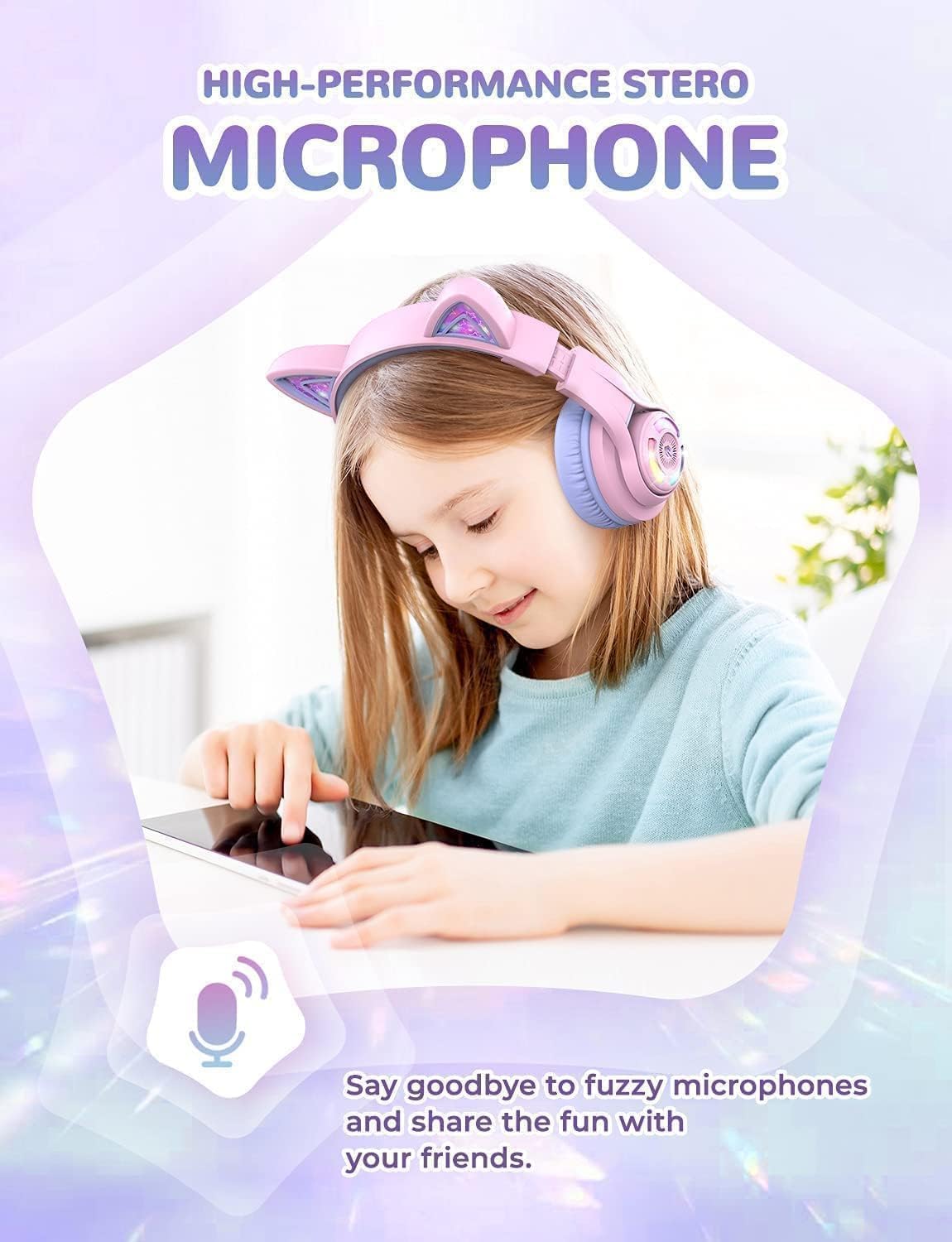 Kids Bluetooth headphones for girls, LED cat ear travel gift | SafeSound tech, 50H playtime, USB C charging, AUX cable, stereo sound, kids headphones wireless with mic for tablet, Purple - view 7