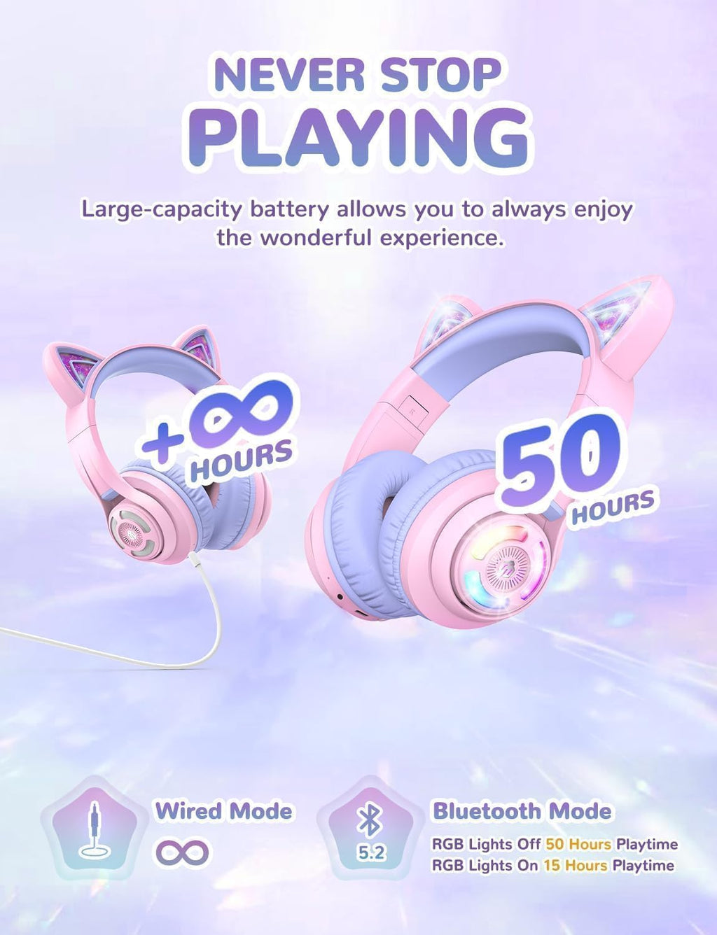 Kids Bluetooth headphones for girls, LED cat ear travel gift | SafeSound tech, 50H playtime, USB C charging, AUX cable, stereo sound, kids headphones wireless with mic for tablet, Purple - view 4