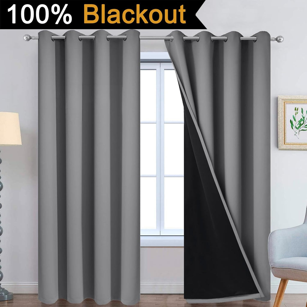 Grey 100% Blackout Curtain Panels 84 inches, 52" Wide, 2 Panels | Blackout Curtain Panels for Bedroom, 2 Thick Layers Grommet Top Thermal Insulated Drapes with Black Liner for Living Room - view 2