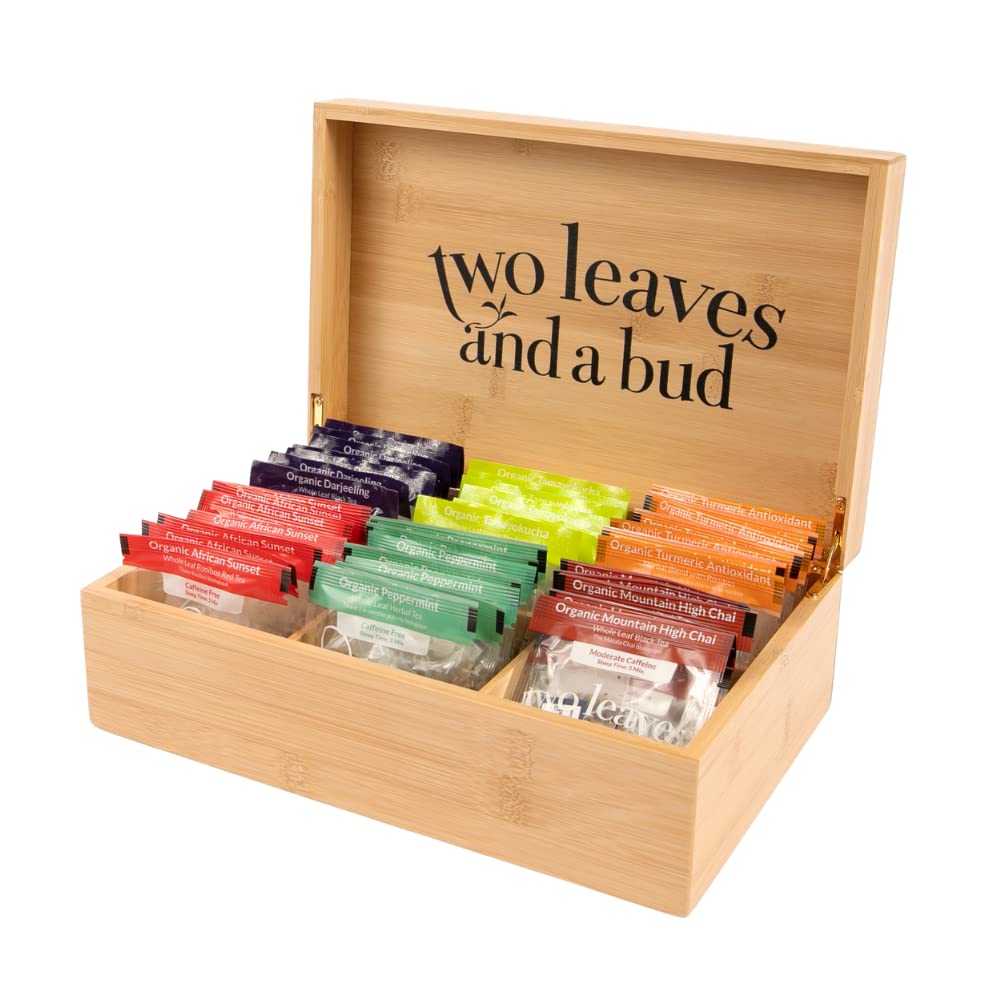 Organic Tea Sampler in 6-Slot Bamboo Presentation Box | Filled Gift Box with Tea Assortment of Green, Black, and Herbal Teas