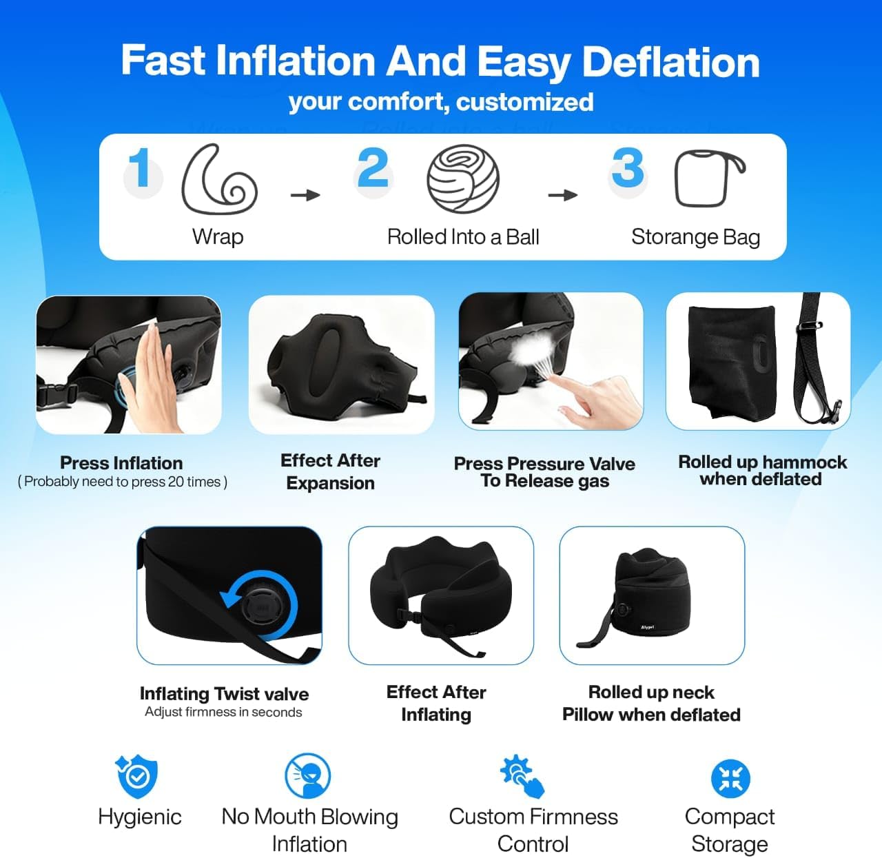4-in-1 Travel Set – Inflatable Neck Pillow, Convertible Lumbar Support & Foot Hammock, 3D Sleep Mask & Ear Plugs – Complete Comfort Kit for Airplane, Office & Car – Gift-Ready (Black) - view 6