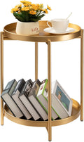 2 Tier Gold Side Table, Folding Round Metal End Table Small Nightstand with Two Removable Tray for Bedroom Living Room Small Spaces Bedside Gold