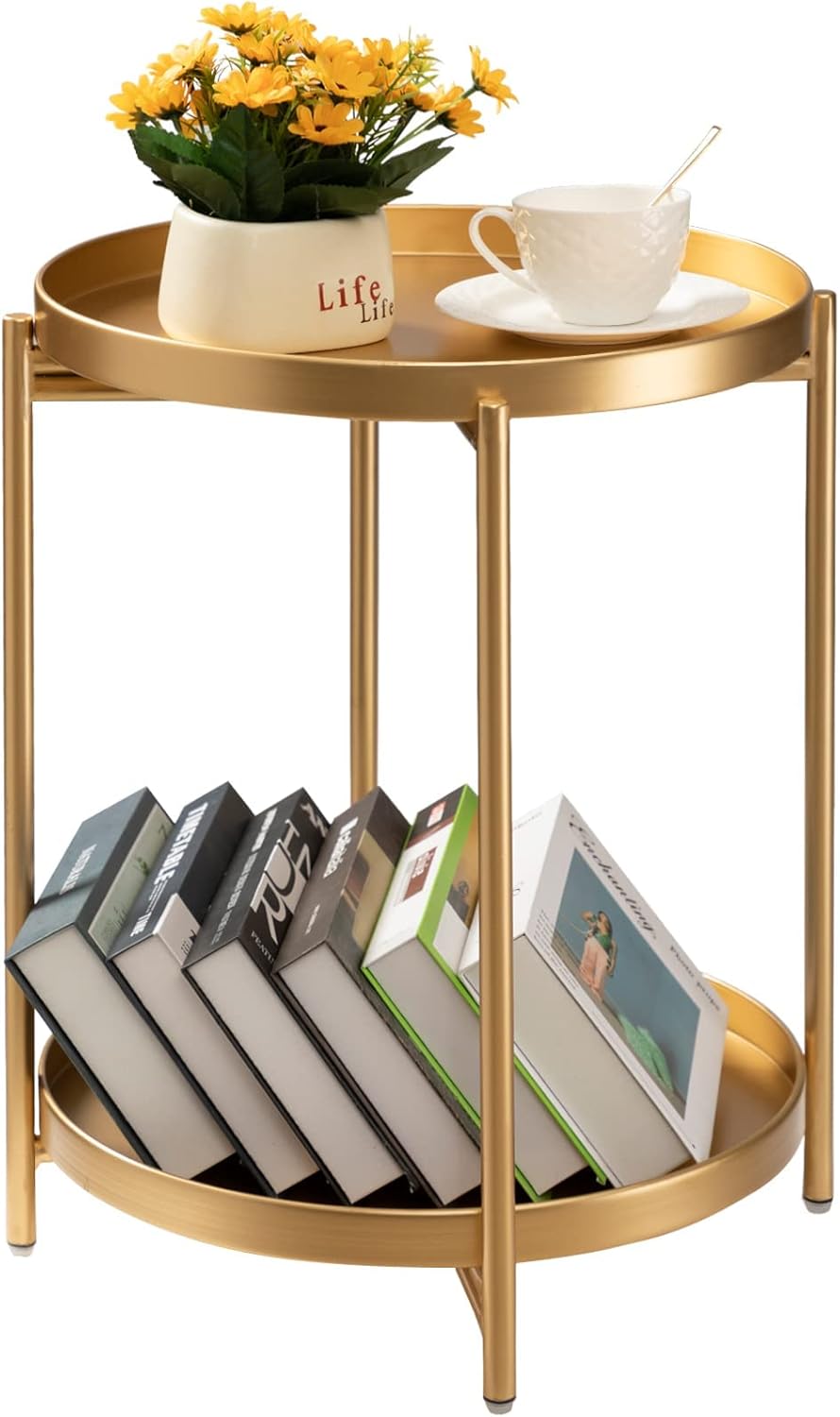 2 Tier Gold Side Table, Folding Round Metal End Table Small Nightstand with Two Removable Tray for Bedroom Living Room Small Spaces Bedside Gold