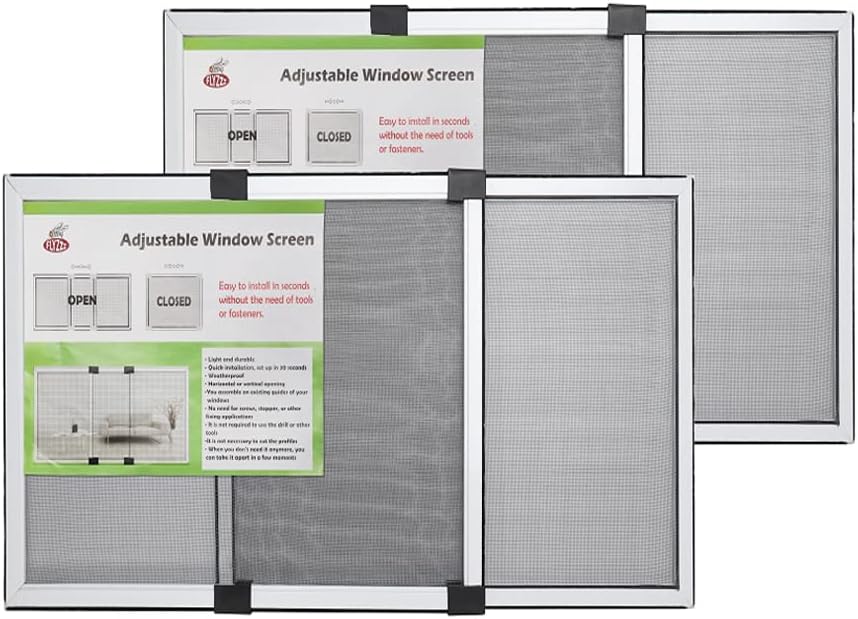 Window screen, fixed 19.68" height, fits window opening width 28" to 52", adjustable sliding screen insert, large, 2-pack
