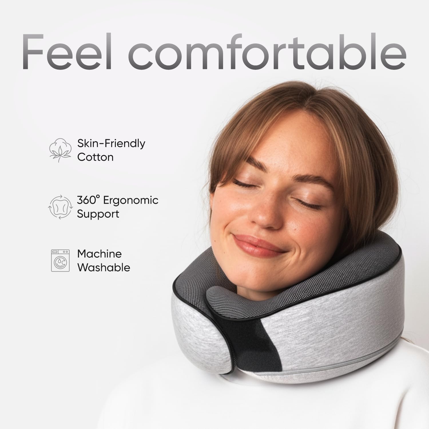 Travel neck pillows for airplanes, sleeping essentials for long haul flights, 360° head support, car and airplane kit with 3D contoured eye mask, earplugs and luxury mesh bag (adult, grey) - view 2