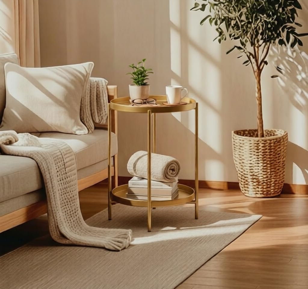 2 Tier Gold Side Table, Folding Round Metal End Table Small Nightstand with Two Removable Tray for Bedroom Living Room Small Spaces Bedside Gold - view 5