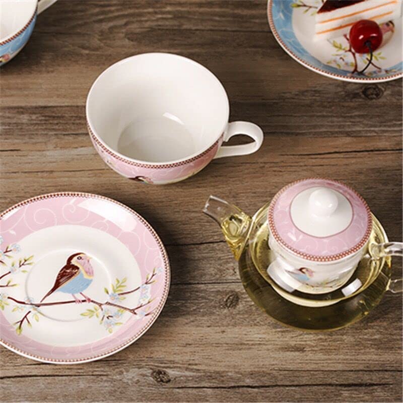 Tea for One Set, Glass Teapot with Porcelain Infuser Strainer and Cup & Saucer- Happy Bird Pattern (Pink) - view 4