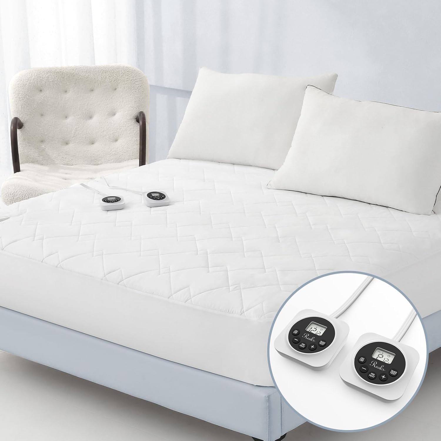 Heated Mattress Pad King Size, Dual Control, 12 Heat Settings | Preheat and memory functions, 1-12 hour auto-off, lighted buttons, ETL & FCC listed, 78" × 80"