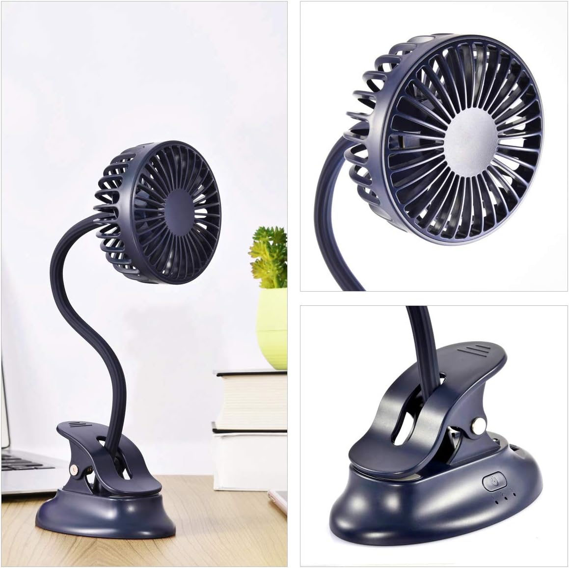 Clip on fan USB battery operated desk clip fan with emergency power bank, baby stroller fan rechargeable personal fan flexible neck 3 speeds great for beach car camping dorm bed office-navy blue - view 5