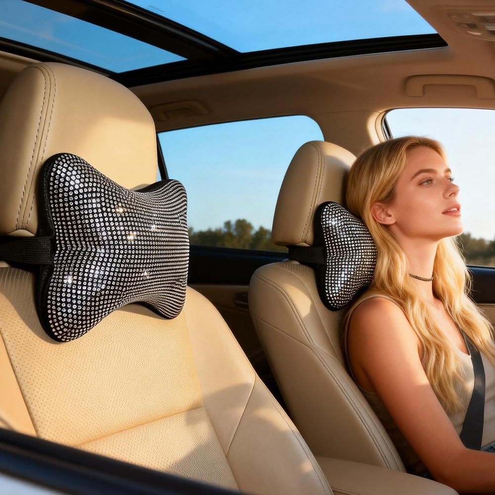 2 pack car neck pillow for driving seat auto headrest cushion head rest neck support relax crystal rhinestone diamond interior bling accessories for women girly comfortable white.