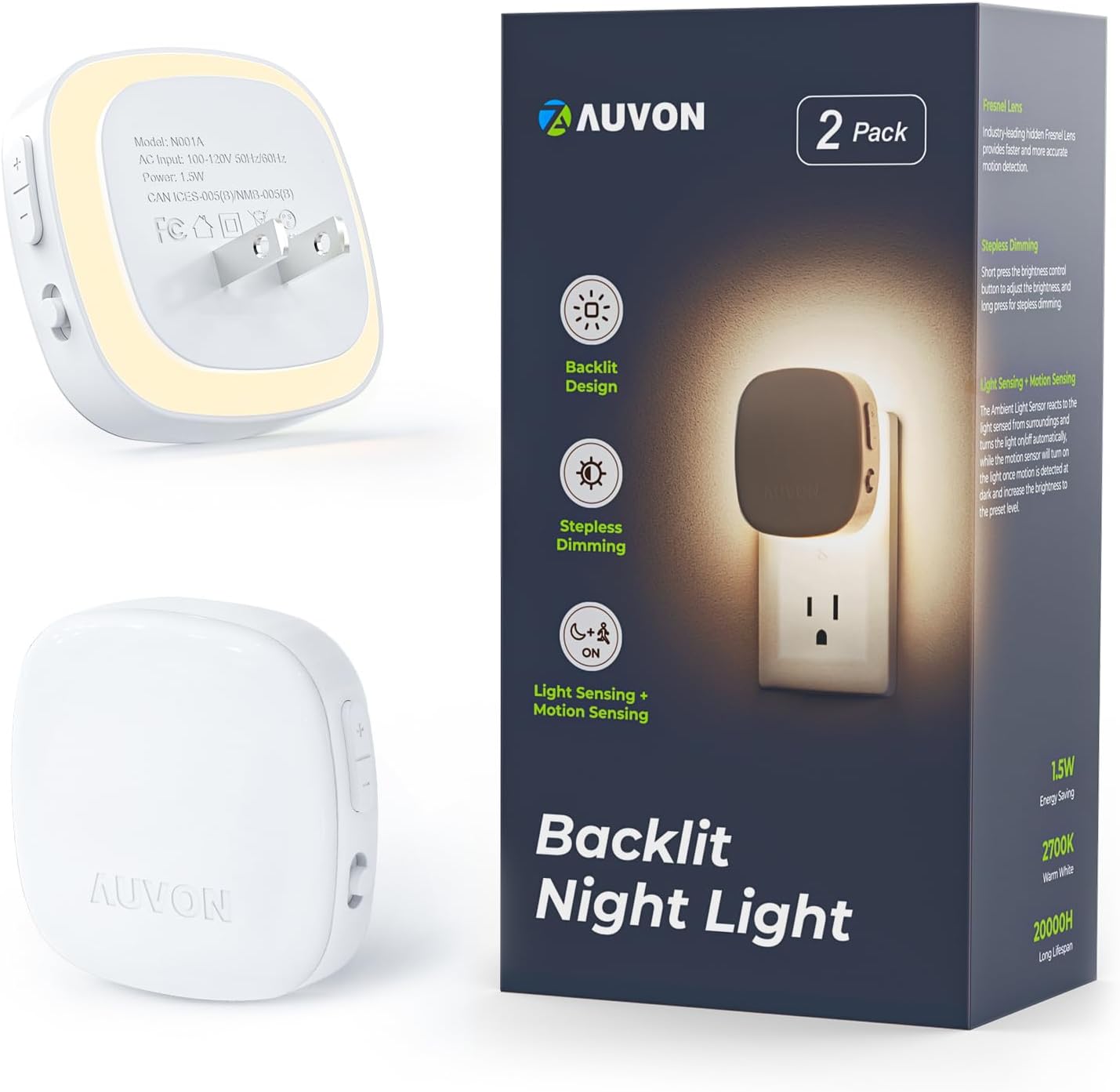 Plug-in LED Backlit Night Light, Motion & Dusk to Dawn Sensor, 2-Pack | 2200K Warm White Nightlight with 1-50lm Dimmable Brightness for Bedroom, Bathroom, Hallway, Kitchen, Garage, Stairs, Nursery