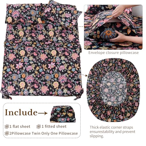 Soft Cooling Twin Sheet Set - Blend Rayon Derived from Bamboo,1800 Thread Count Floral Bed Sheets Oeko-Tex Certificated - Black Yellow - view 5