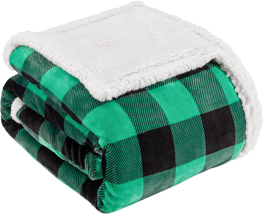 Sherpa green and black buffalo plaid christmas twin blanket 60" x 70", fuzzy fluffy soft cozy blanket, fleece flannel plush microfiber blanket for couch bed sofa (green and black)
