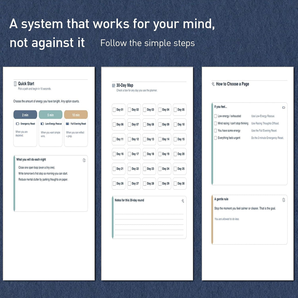 ADHD Evening Reset Planner (Undated) – 30-Day Night Routine Journal & Checklist, Calm Your Mind Before Bed, 2/5/10-Min Reset System, Brain Dump for Racing Thoughts, For Adults & Teens - view 2