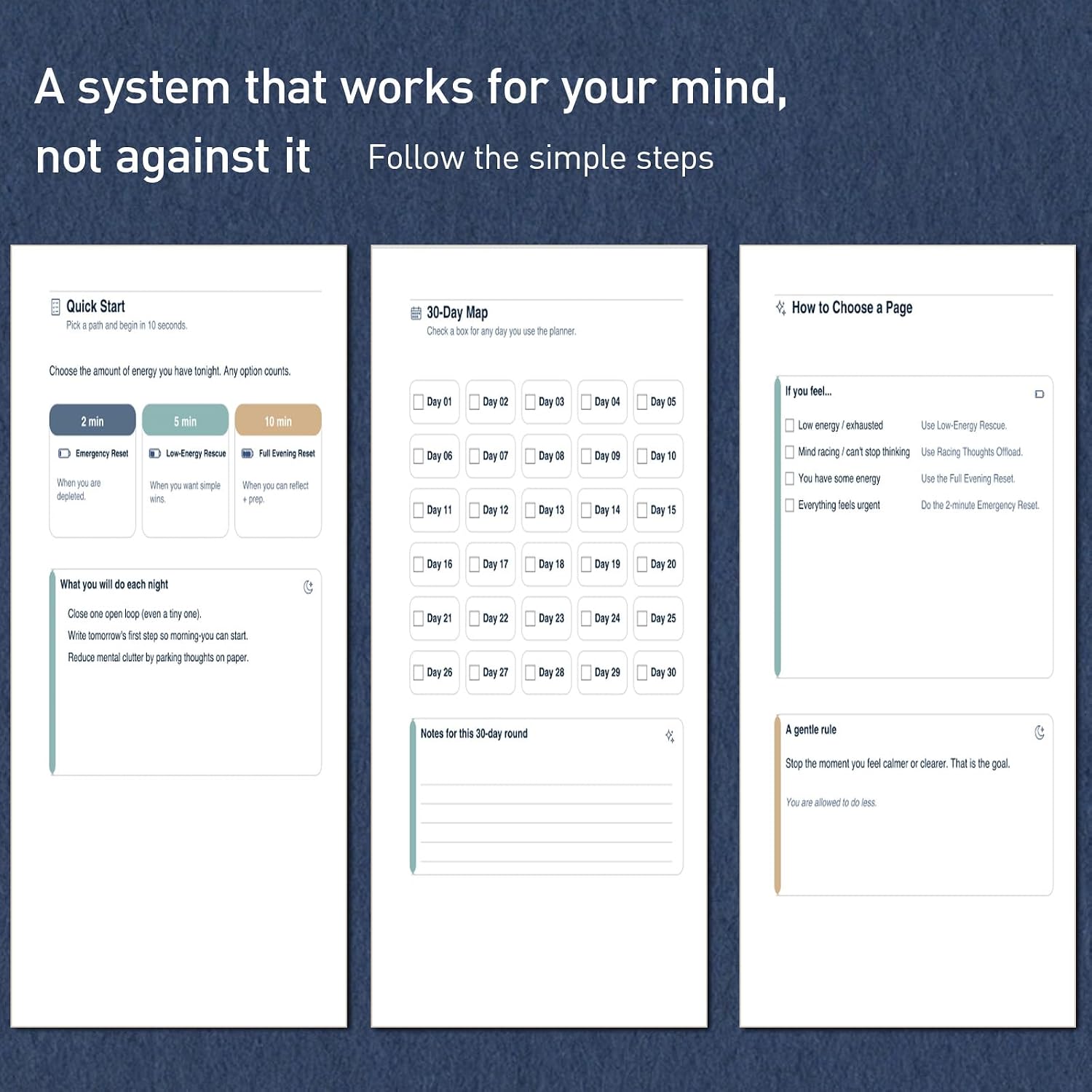 ADHD Evening Reset Planner (Undated) – 30-Day Night Routine Journal & Checklist, Calm Your Mind Before Bed, 2/5/10-Min Reset System, Brain Dump for Racing Thoughts, For Adults & Teens - view 2