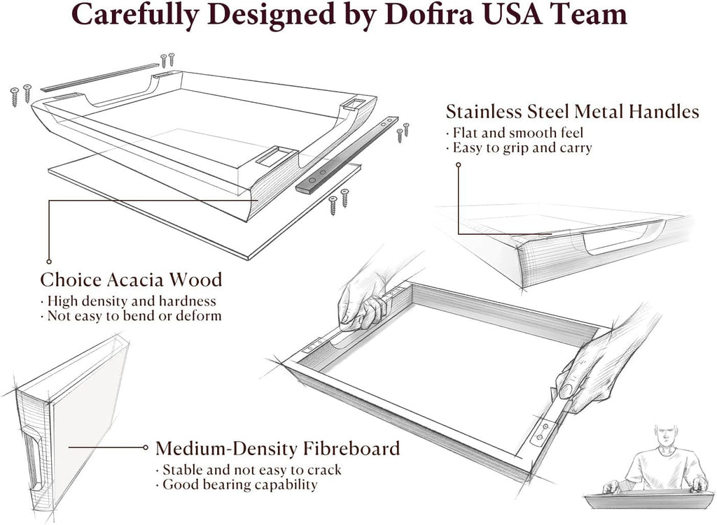 Acacia wood serving tray, 15×10in tray for ottoman, space-saving | coffee tray with metal handles, rustic wooden breakfast and drink tray, perfect for sofa arms, bedside tables, or office desk - view 4