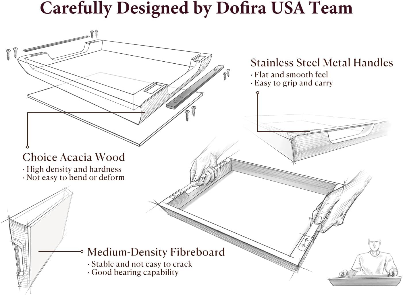 Acacia wood serving tray, 15×10in tray for ottoman, space-saving | coffee tray with metal handles, rustic wooden breakfast and drink tray, perfect for sofa arms, bedside tables, or office desk - view 4