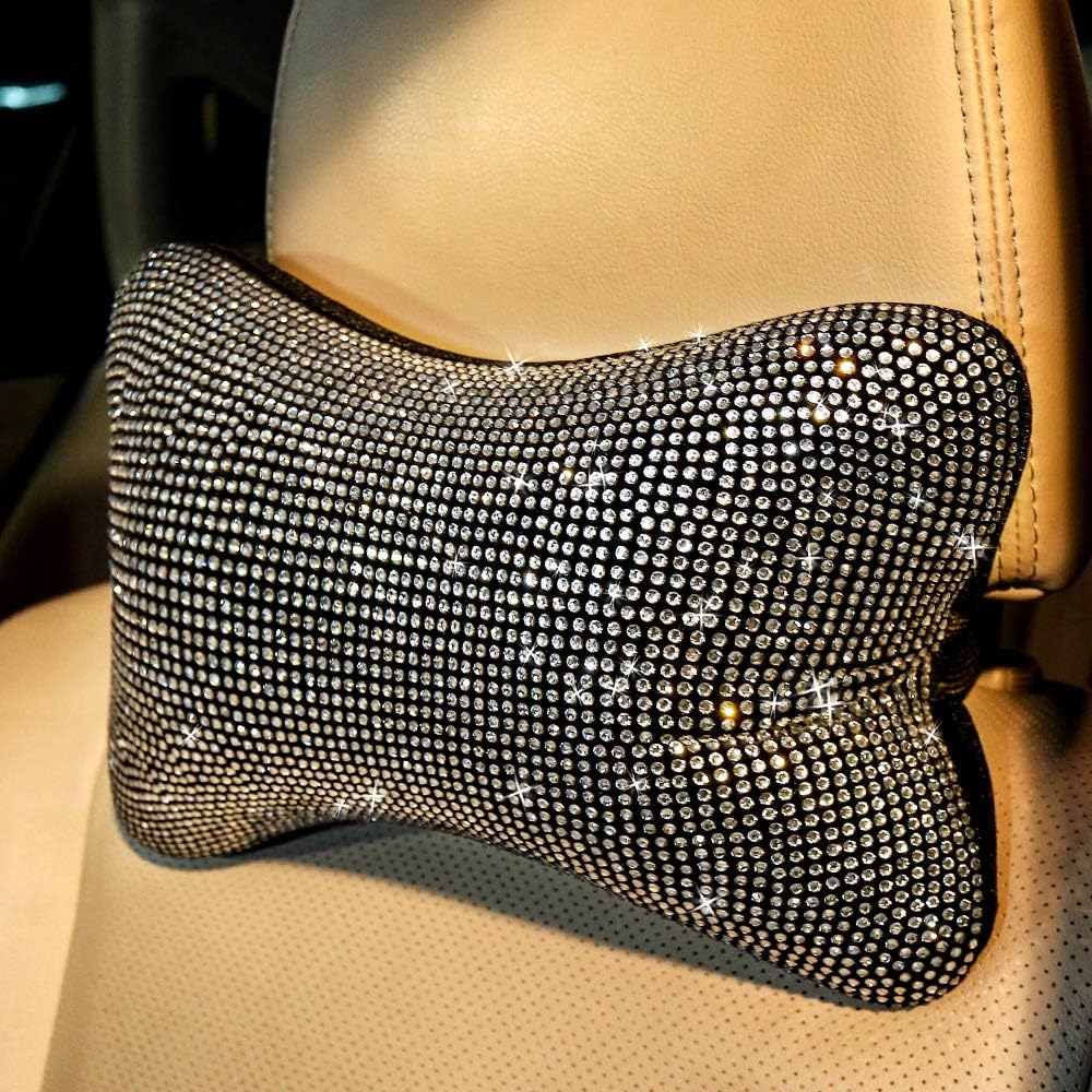 2 pack car neck pillow for driving seat auto headrest cushion head rest neck support relax crystal rhinestone diamond interior bling accessories for women girly comfortable white. - view 6