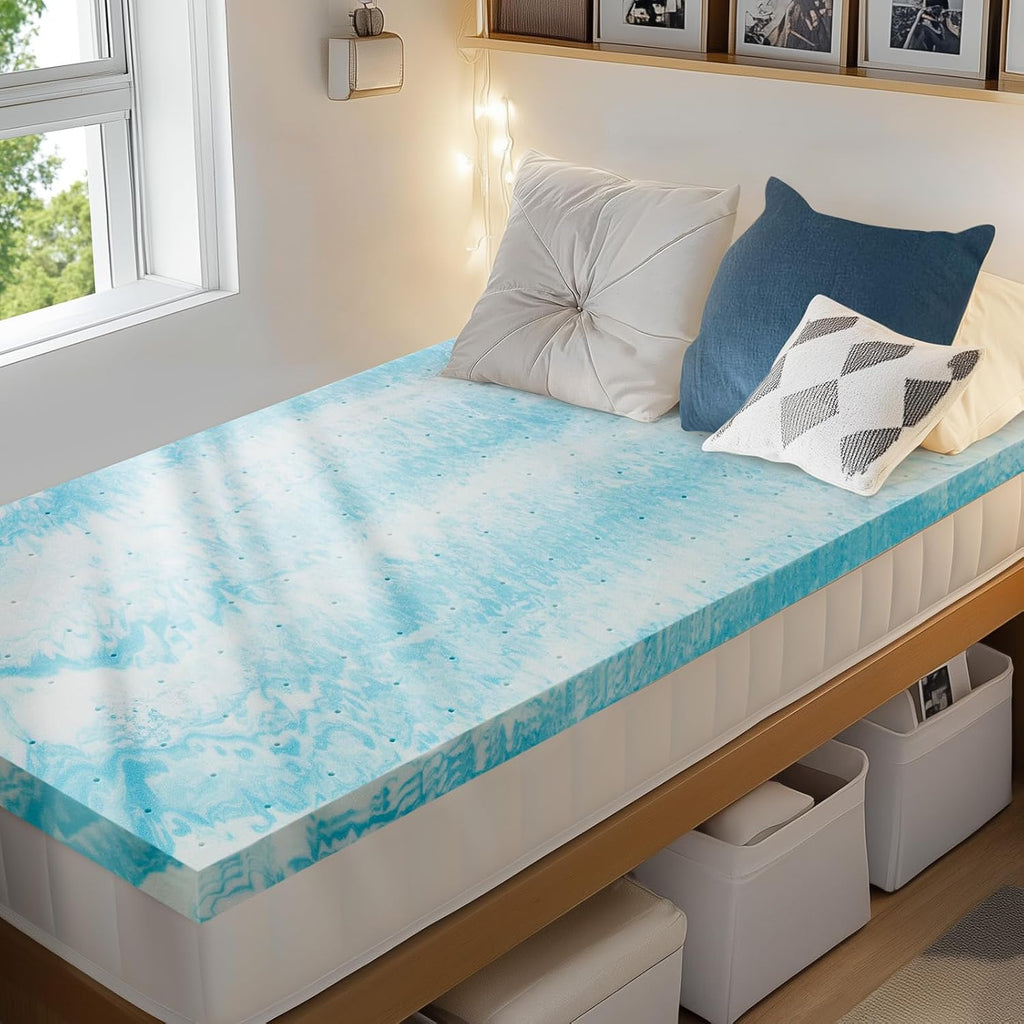 3 Inch Twin XL Memory Foam Mattress Topper, Cooling Gel Infused Mattress Pad, Ventilated Bed Topper for Pressure Relief, Dorm Room Essentials, Blue