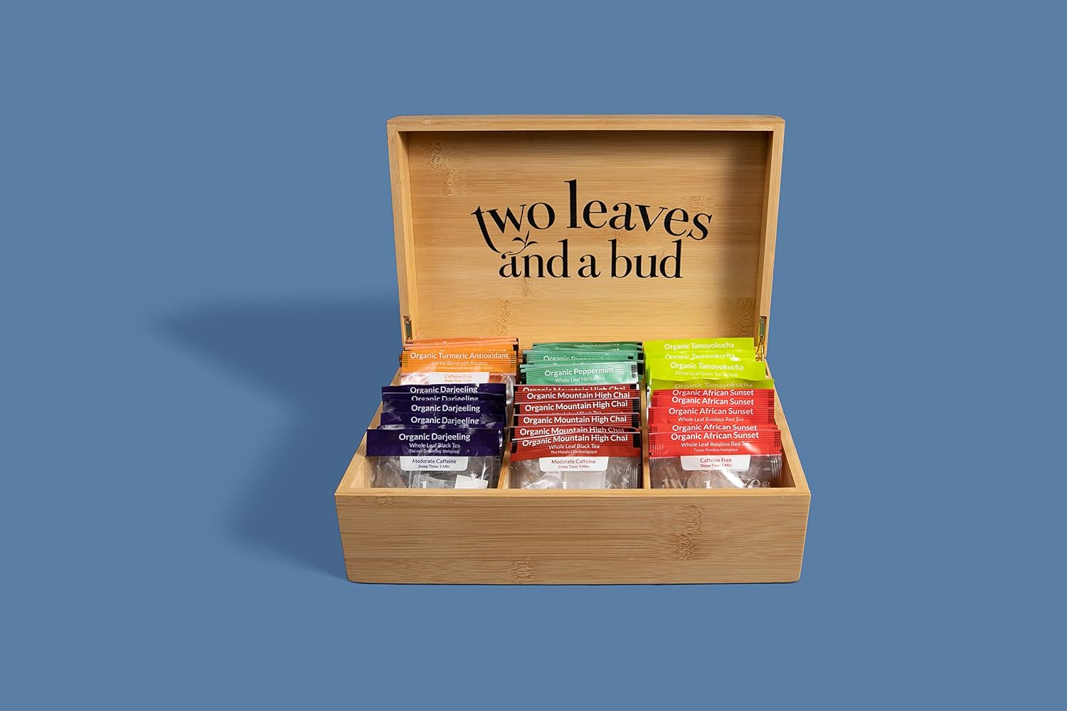 Organic Tea Sampler in 6-Slot Bamboo Presentation Box | Filled Gift Box with Tea Assortment of Green, Black, and Herbal Teas - view 5