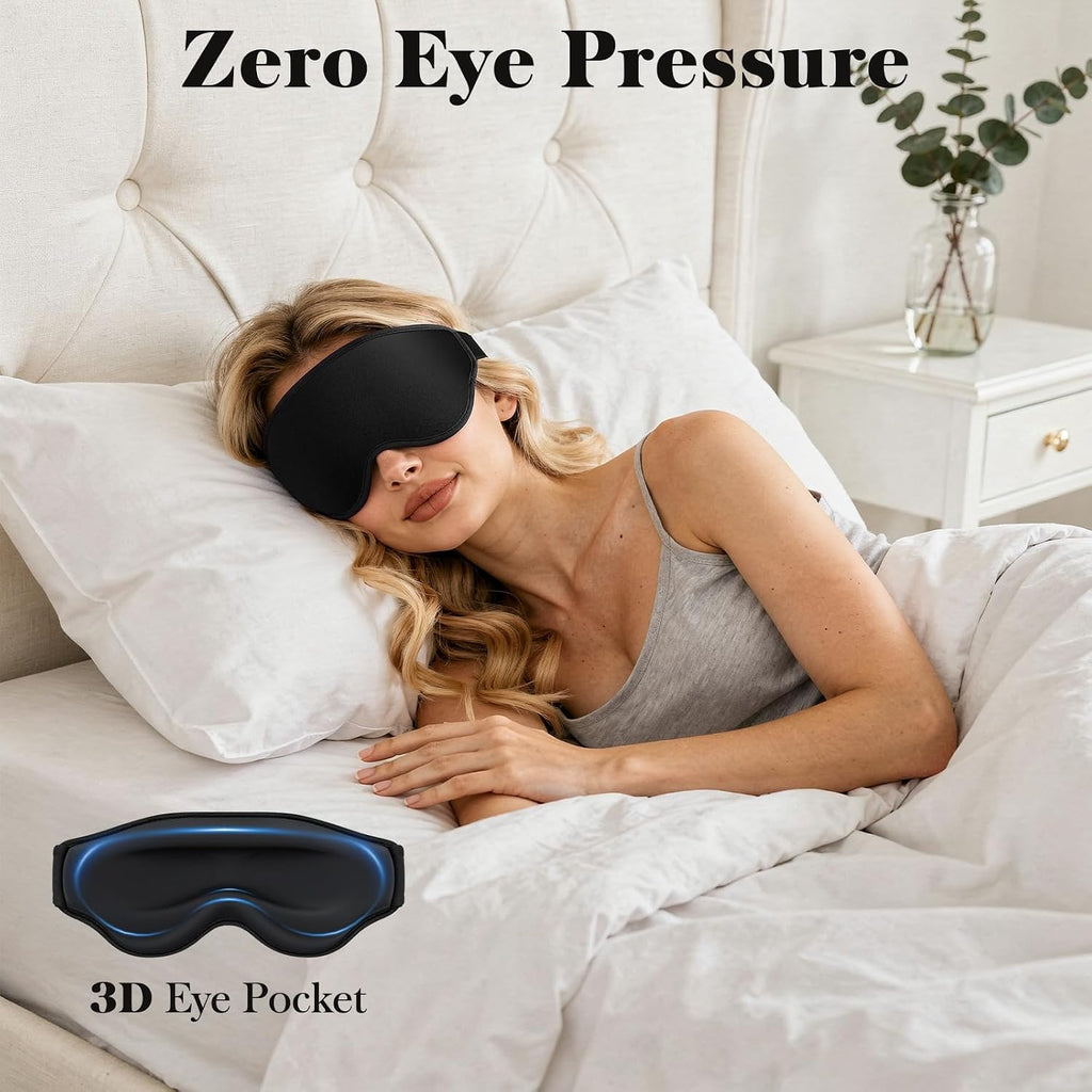 3D Eye Mask Sleep Mask for Men & Women, 100% Pressure-Free & Light Block-Out Eye Mask for Sleep with Easy Adjustable Strap, Night Eye Cover for Travel, Black - view 3