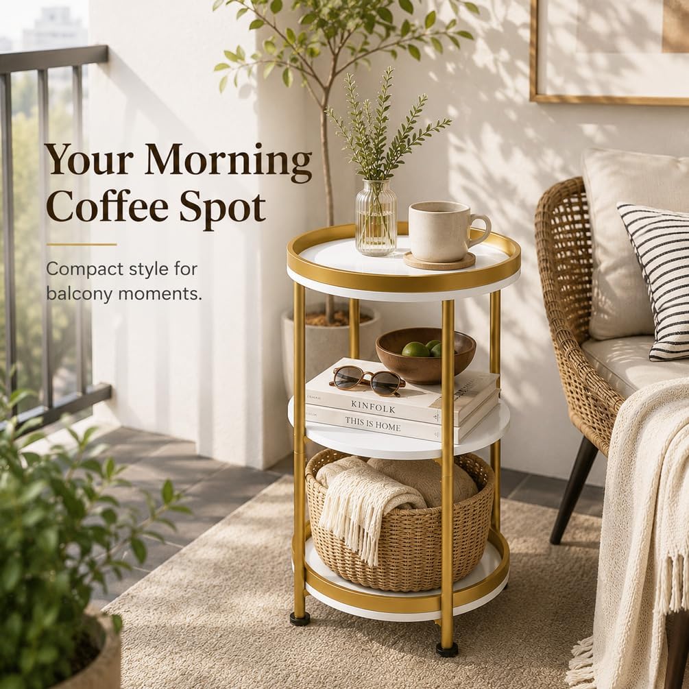 Round Side Table with Storage Tray for Living Room, 15" L x 15" W x 24" H Bedroom Nightstand 3 Tiers Bedside Table with Steel Frame for Small Spaces (White & Gold) - view 7
