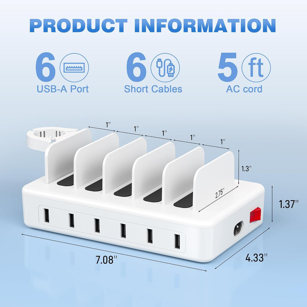 Charging station for multiple devices, 50W 6 ports charging dock with stand | 6 cables, compatible with cellphone, tablet, Kindle, Apple watch and other electronic, 1 USB-A to USB-C adapter converter - view 6