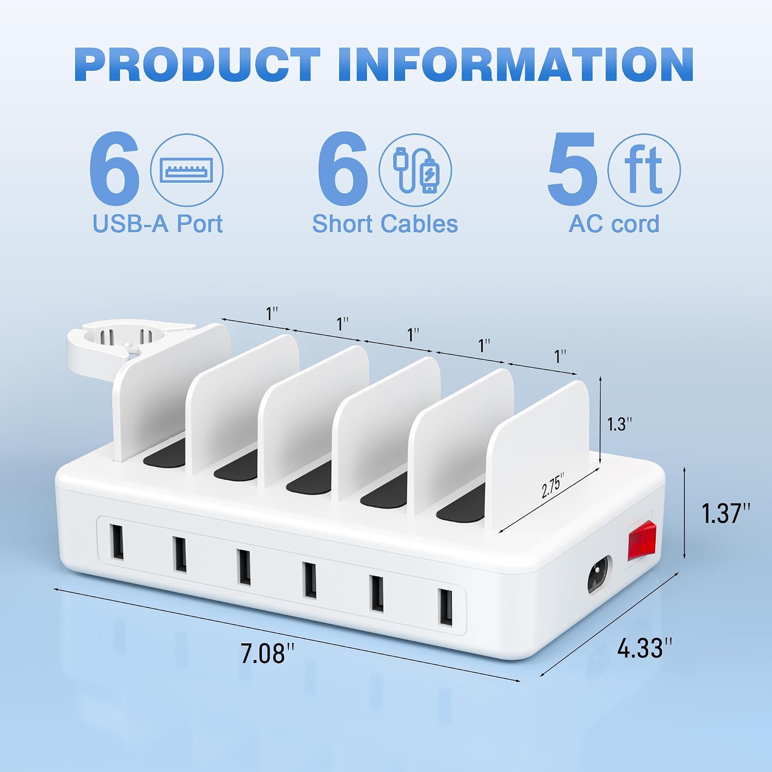 Charging station for multiple devices, 50W 6 ports charging dock with stand | 6 cables, compatible with cellphone, tablet, Kindle, Apple watch and other electronic, 1 USB-A to USB-C adapter converter - view 6