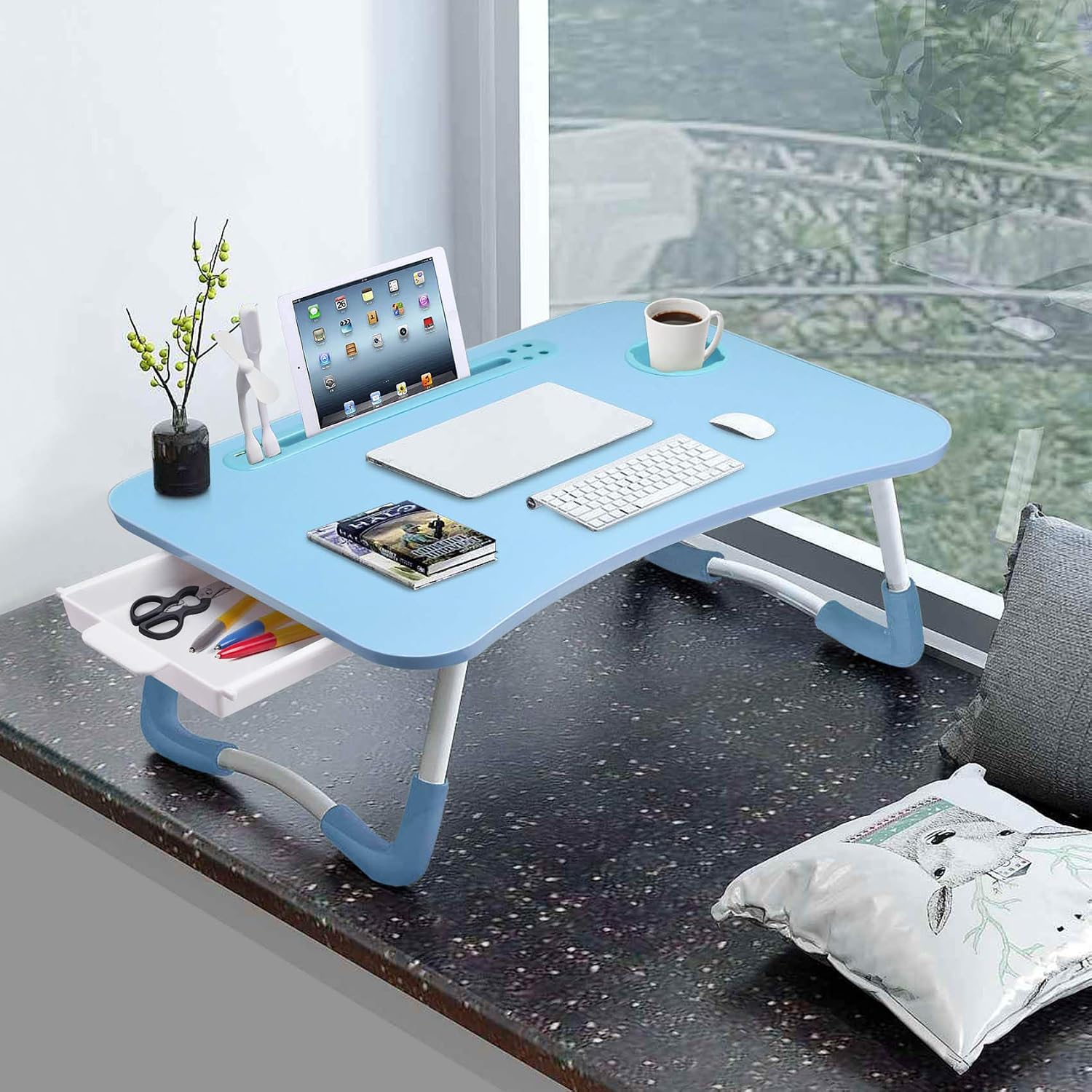 Bed desk for laptop and writing with storage, cup holder, light, fan, pen holder, tablet holder, foldable, for bed, couch, floor, portable, blue - view 2