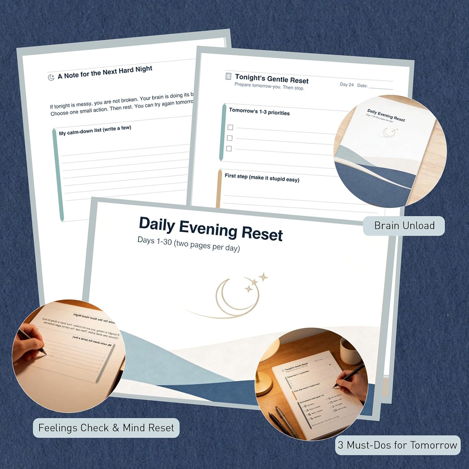 ADHD Evening Reset Planner (Undated) – 30-Day Night Routine Journal & Checklist, Calm Your Mind Before Bed, 2/5/10-Min Reset System, Brain Dump for Racing Thoughts, For Adults & Teens - view 3