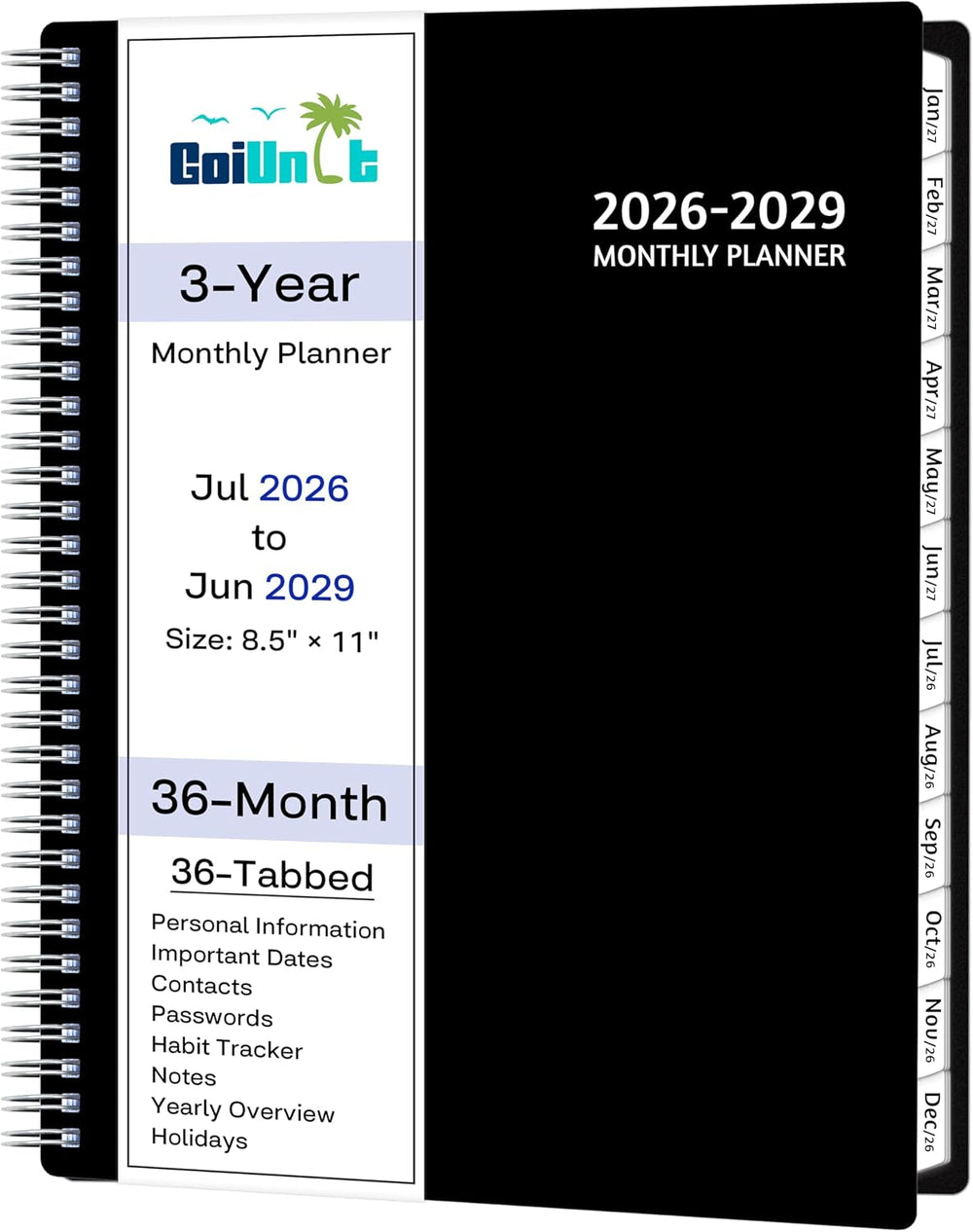 Monthly Planner 2026-2029, 36 Months Calendar Planner 2026-2029 from Jul 2026 – Jun 2029, 8.5'' x 11'' with Ruled Spread, Flexible Cover, Spiral Wirebound, Pocket, Coated Tabs, Notes ＆ Habit Tracker