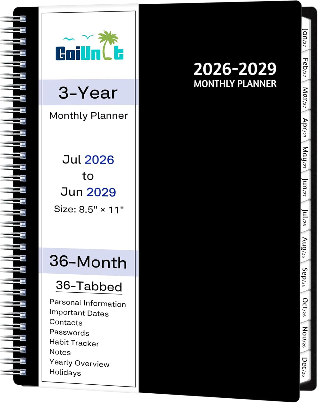 Monthly Planner 2026-2029, 36 Months Calendar Planner 2026-2029 from Jul 2026 – Jun 2029, 8.5'' x 11'' with Ruled Spread, Flexible Cover, Spiral Wirebound, Pocket, Coated Tabs, Notes ＆ Habit Tracker