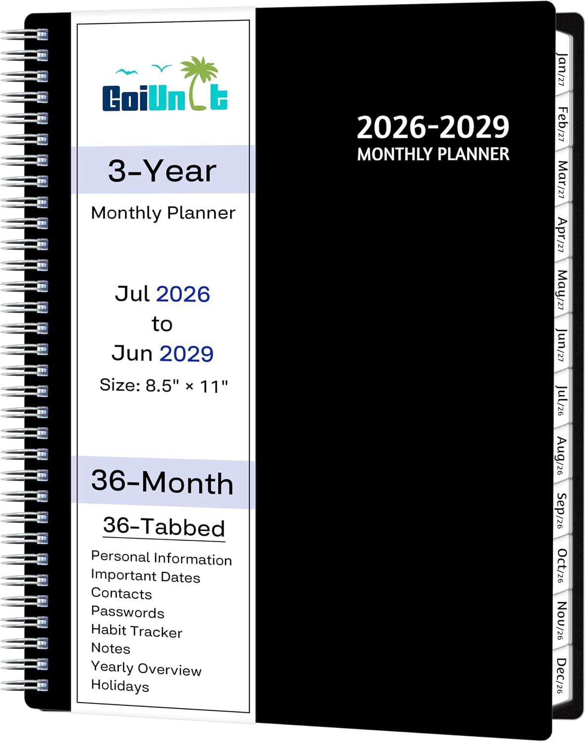 Monthly Planner 2026-2029, 36 Months Calendar Planner 2026-2029 from Jul 2026 – Jun 2029, 8.5'' x 11'' with Ruled Spread, Flexible Cover, Spiral Wirebound, Pocket, Coated Tabs, Notes ＆ Habit Tracker