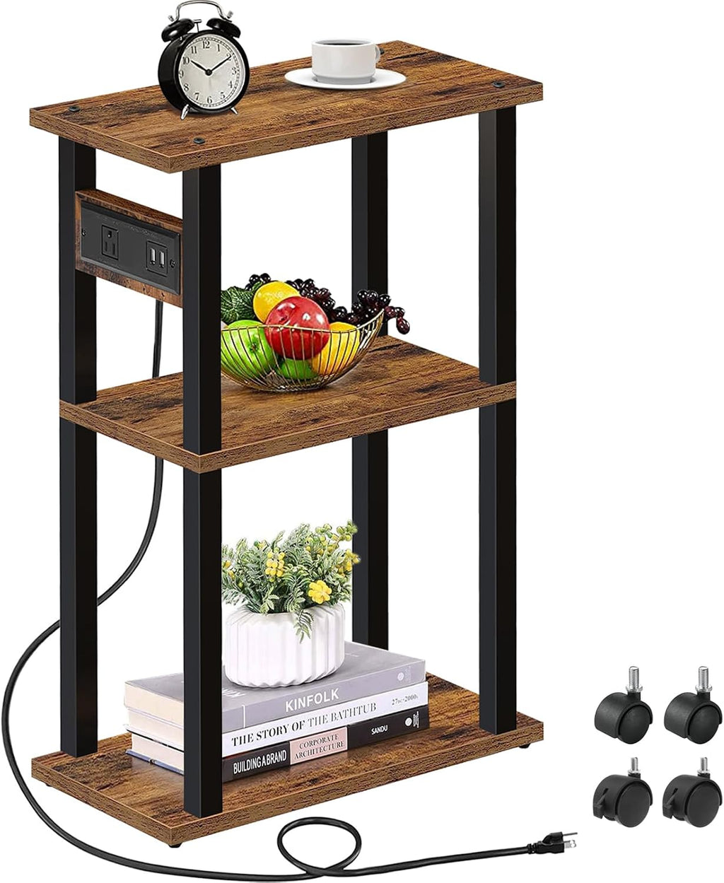 Small Narrow Side Table with Charging Station, Skinny End Table | for Small Spaces, Slim Nightstand with USB Ports and Outlet, Sofa Beside Table with Wheels, Brown TB01BB046