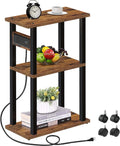 Small Narrow Side Table with Charging Station, Skinny End Table | for Small Spaces, Slim Nightstand with USB Ports and Outlet, Sofa Beside Table with Wheels, Brown TB01BB046