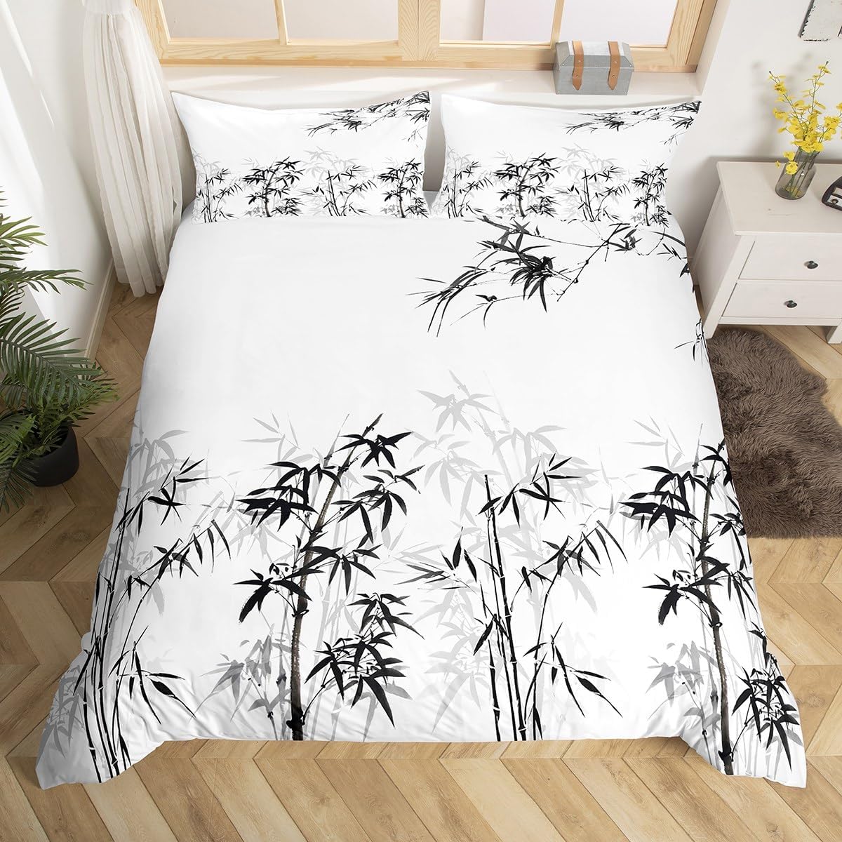 Bamboo Leaves Bedding Set,Ink Art Duvet Cover for Kids Teens Boys Girls,Black White Watercolor Comforter Cover Decorative Room,Bamboo Quilt Cover with 2 Pillowcases,King Size(No Comforter) - view 2