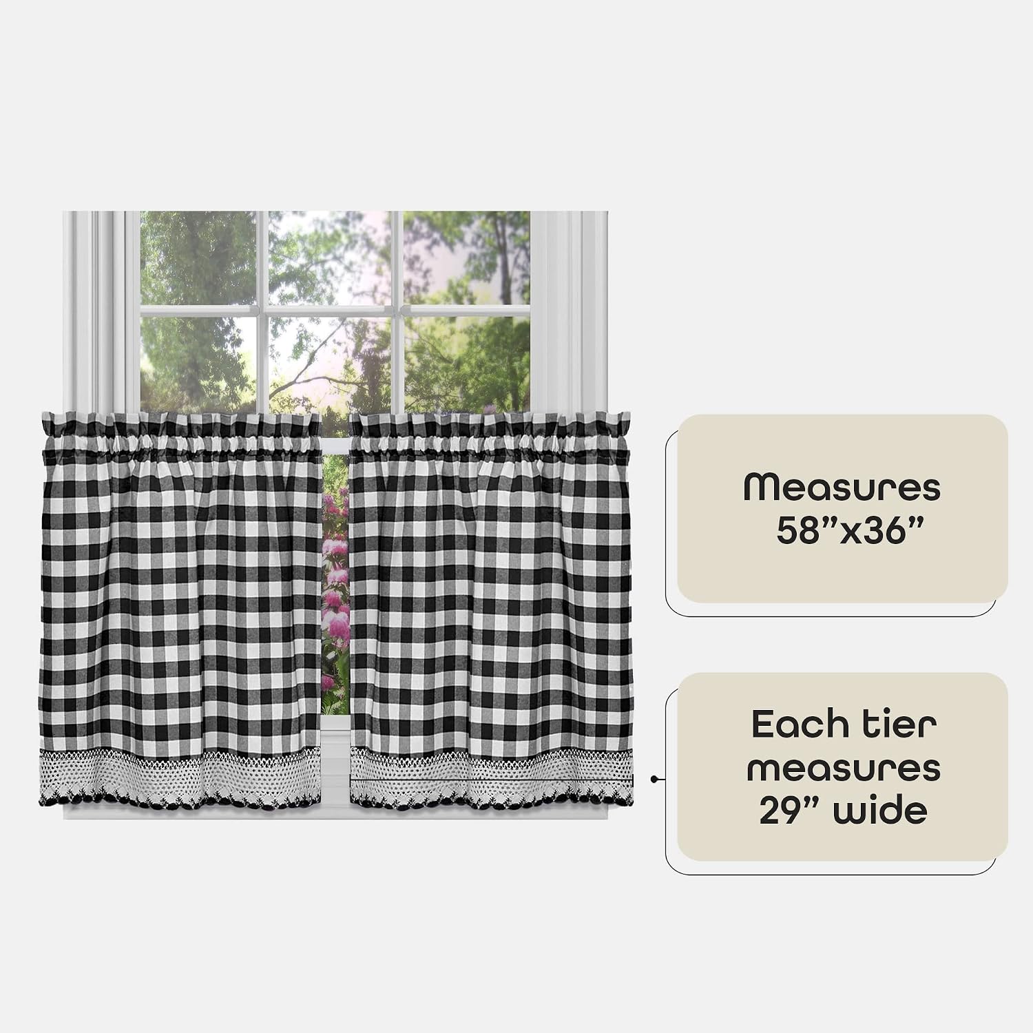 Buffalo Check Tier Pair Window Curtain Set - 58 Inch Width, 36 Inch Length - Black & White Plaid Drapes - Light Filtering Drapes for Kitchen, Bedroom, Living & Dining Room Home Decor - view 4
