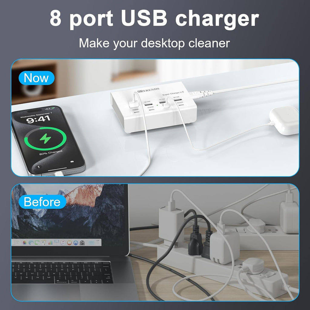 USB charger with USB C PD20W and USB A QC18W, 60W PD fast charging station, 5ft 8-port multiple desktop multi port USB charging hub compatible with iPad iPhone 17/16/15/14, Galaxy S24/S23/S22 - view 5