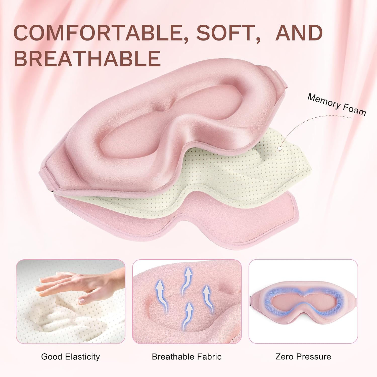 99% Fully Block Out Light Eye Sleep Mask, 3D Deep Contoured Eyes Cover Zero Pressure, Long Lash Extension Eyes Mask with Adjustable Straps for Sleeping Travel Home Nap Rest Women Men (Pink) - view 3