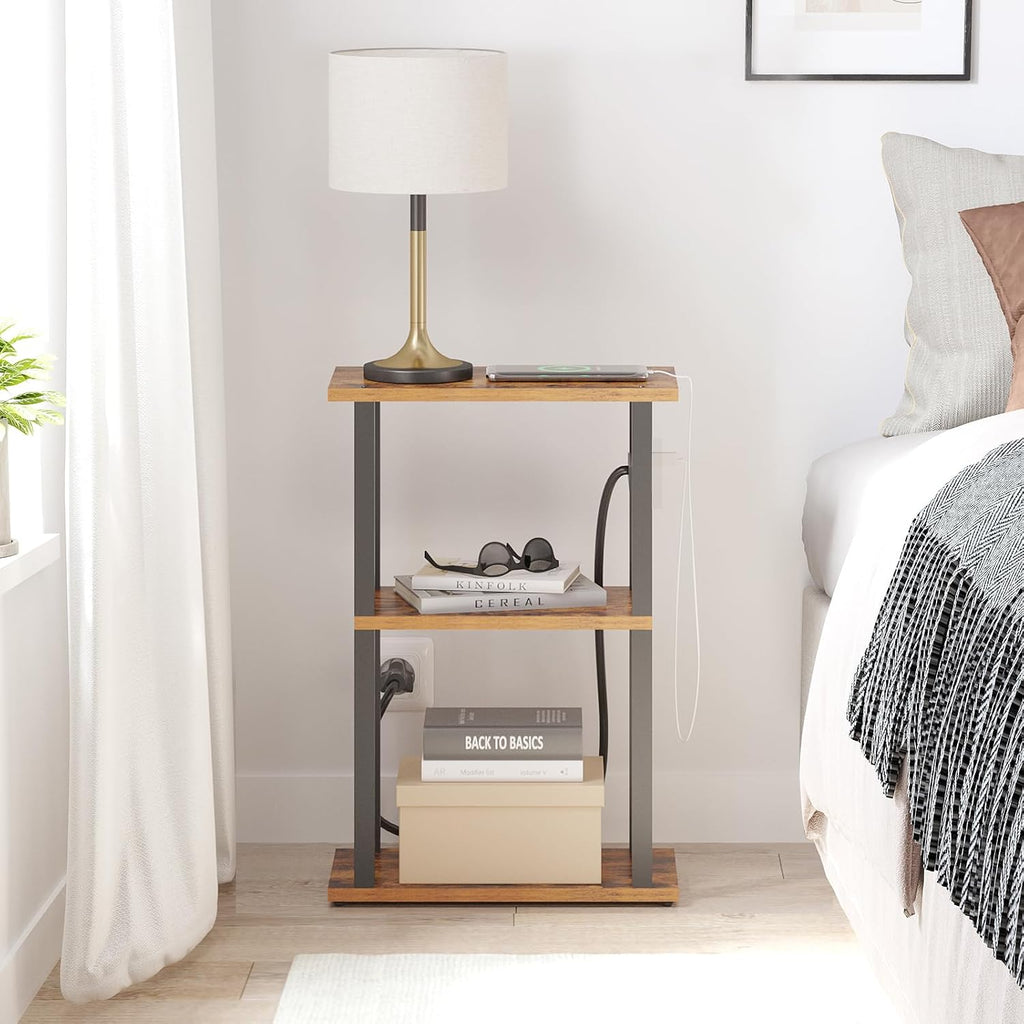 Small Narrow Side Table with Charging Station, Skinny End Table | for Small Spaces, Slim Nightstand with USB Ports and Outlet, Sofa Beside Table with Wheels, Brown TB01BB046 - view 2