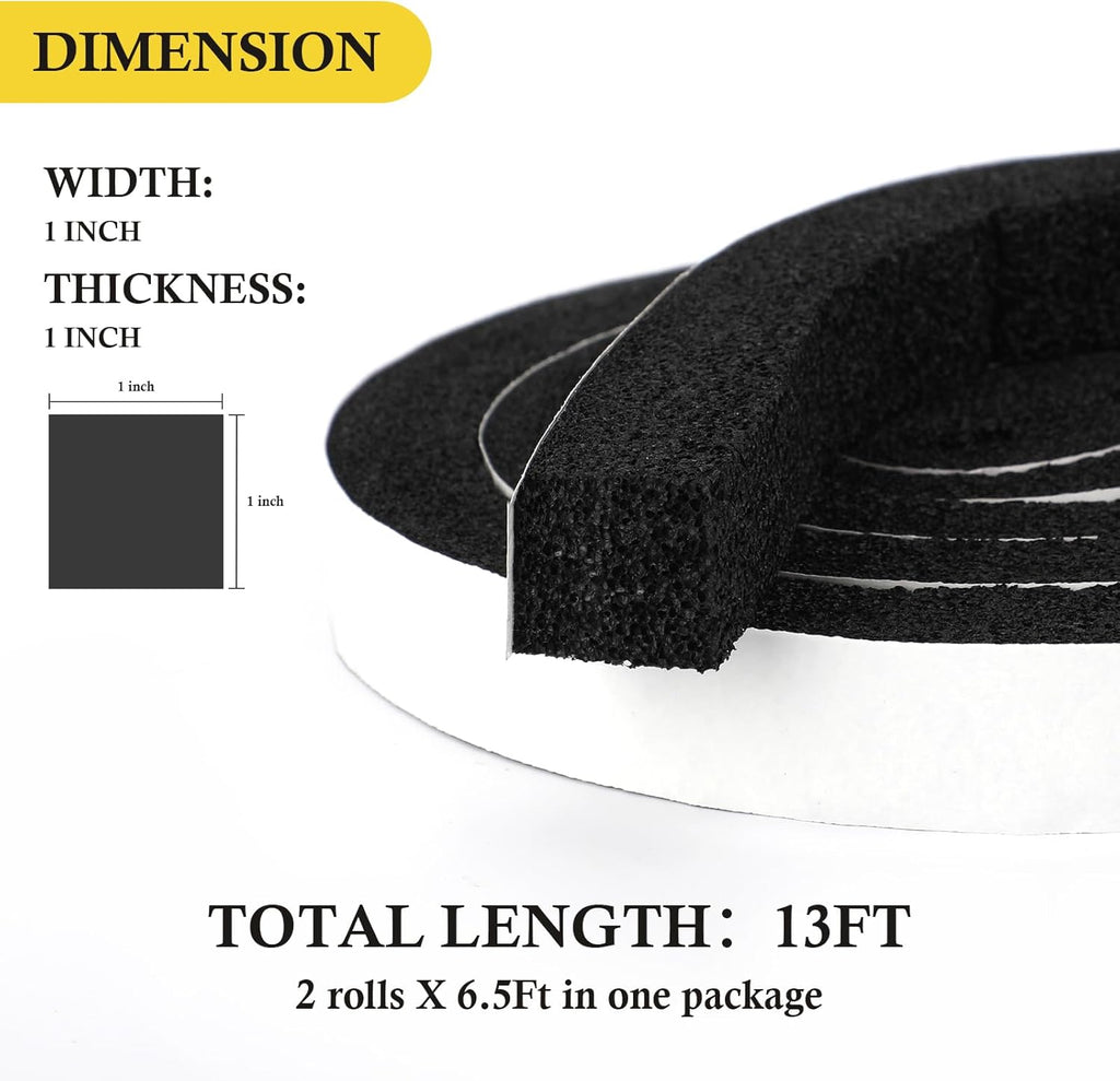 AC Window Seal Foam Tape, 1" x 1" Thick Foam Weather Strip, Black | High Resilience Foam Tape Seals Large Gaps Around Ac Windows and Doors, 6.5ft x 2 Rolls, Strong Adhesive, Install in Minutes - view 5