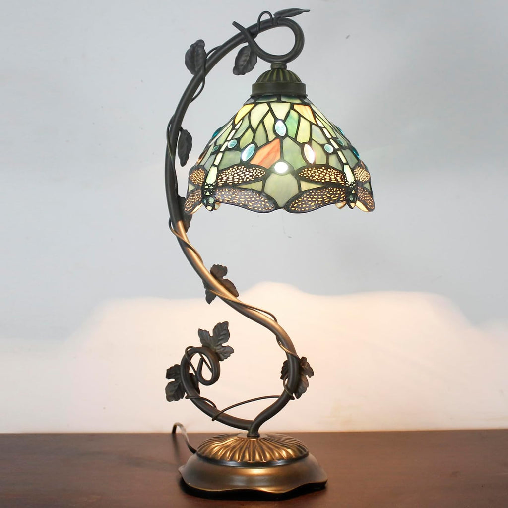 Tiffany Lamp Sea Blue Stained Glass Dragonfly Style Table Light | Metal Leaf Desk Reading Lamp Base 8X10X21 Inches Decor Small Space Bedside Bedroom Home Office S147 Series - view 2