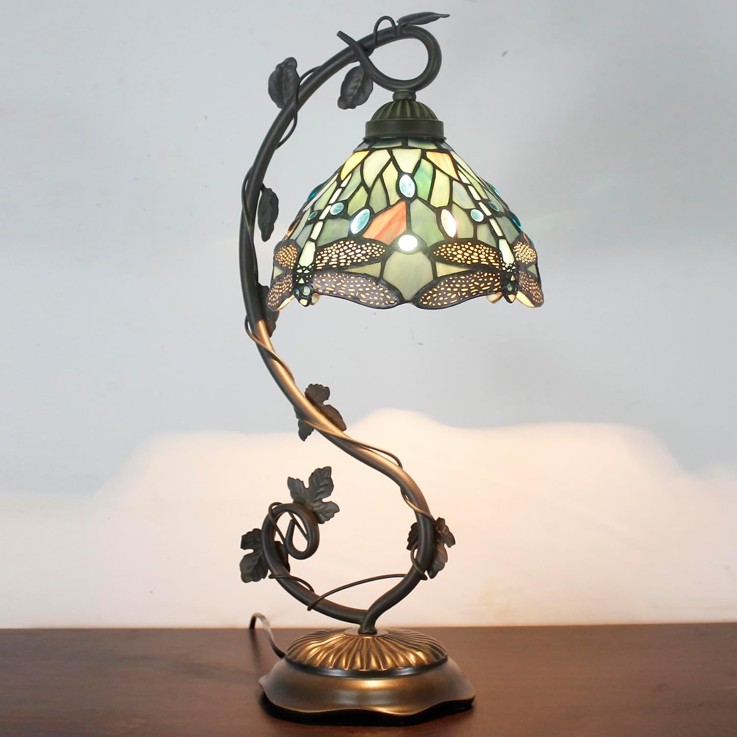 Tiffany Lamp Sea Blue Stained Glass Dragonfly Style Table Light | Metal Leaf Desk Reading Lamp Base 8X10X21 Inches Decor Small Space Bedside Bedroom Home Office S147 Series - view 2