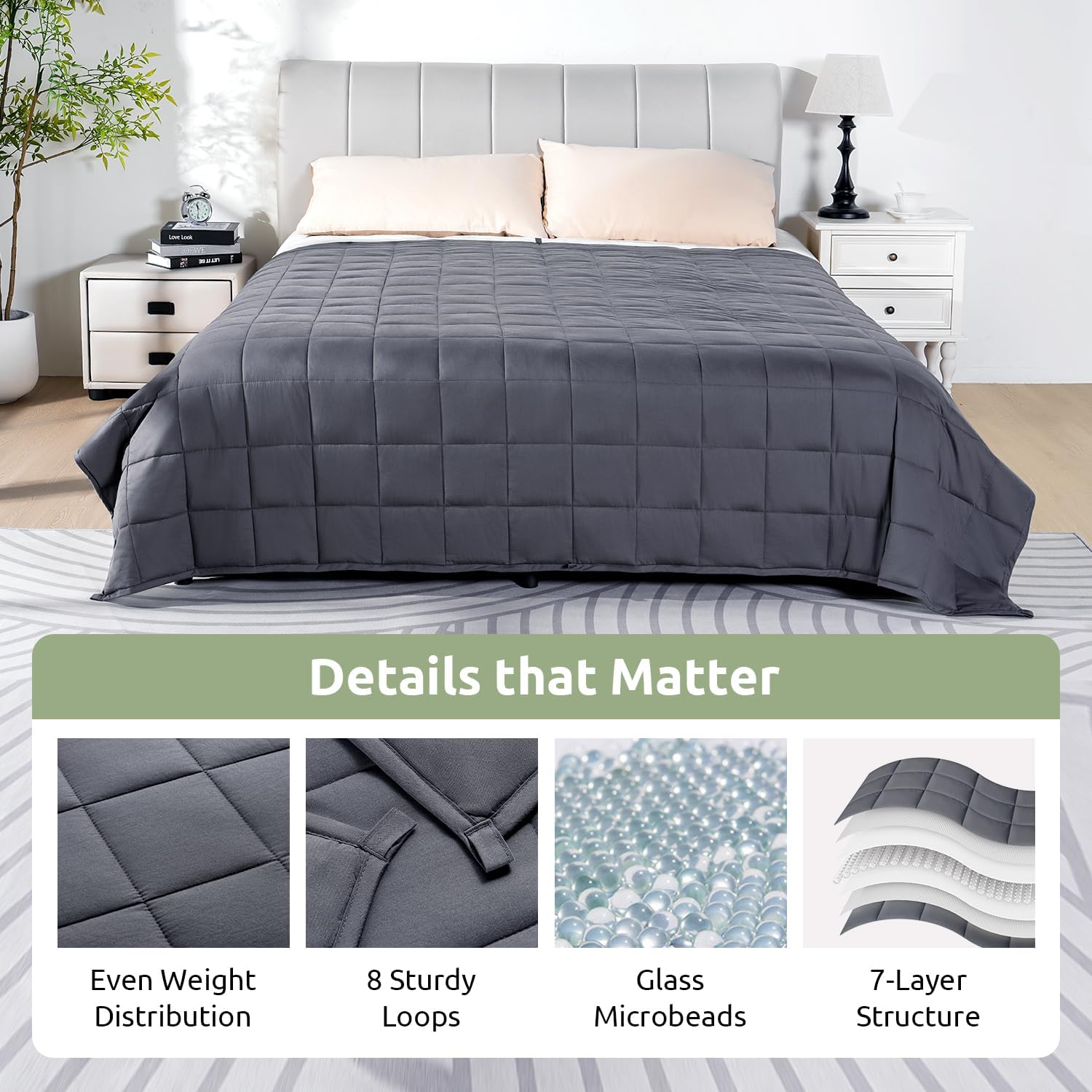 Cotton Weighted Blanket for Adults, Queen Size 60"x80" 15 lbs | Cooling, Breathable and Soft; Filled with Glass Beads; Washable; Heavy Throw for Calming, Sleep and Nap; Dark Grey - view 6