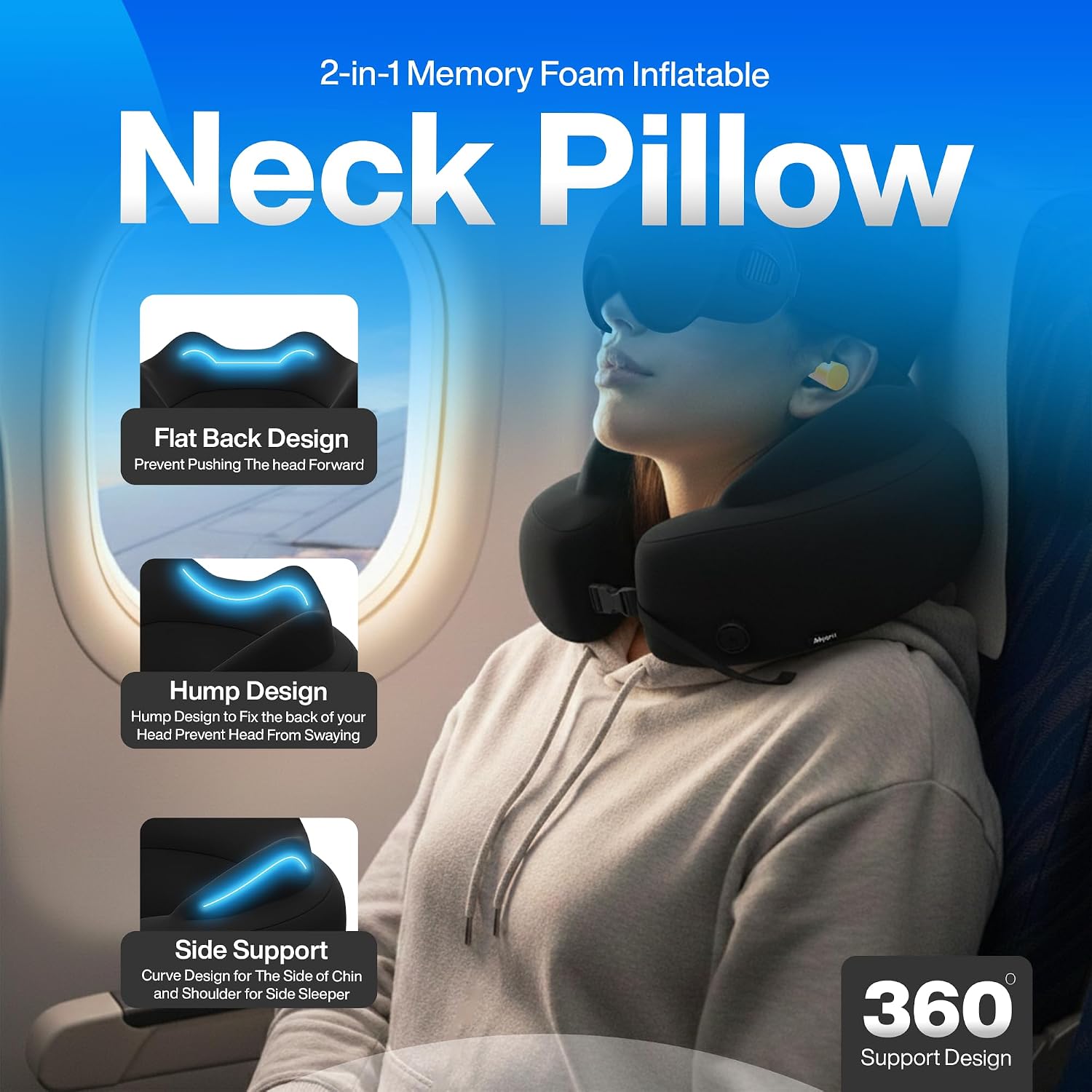 4-in-1 Travel Set – Inflatable Neck Pillow, Convertible Lumbar Support & Foot Hammock, 3D Sleep Mask & Ear Plugs – Complete Comfort Kit for Airplane, Office & Car – Gift-Ready (Black) - view 3