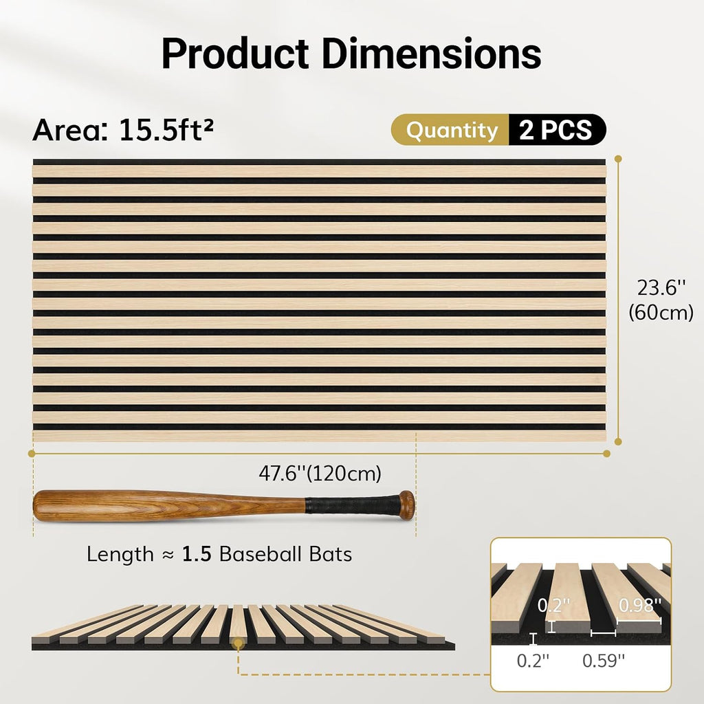 Wood Wall Panels for Interior Wall Decor-2 Pack 47.2" x 23.6" | Wood Slat Acoustic Panels for-15.5ft² Noise Cancelling and Wall Décor Living Room, Bedroom, Home Decor, Office, Oak - view 4