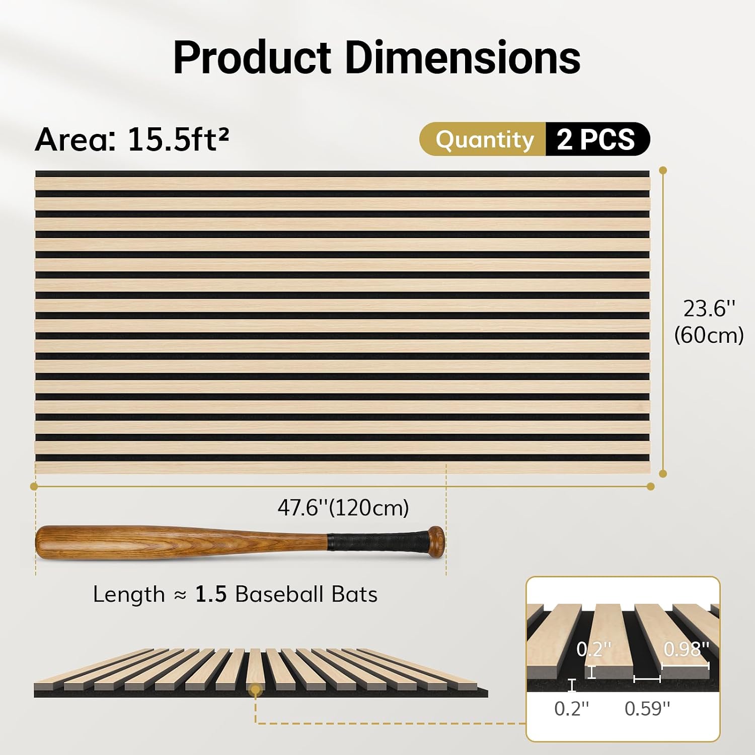 Wood Wall Panels for Interior Wall Decor-2 Pack 47.2" x 23.6" | Wood Slat Acoustic Panels for-15.5ft² Noise Cancelling and Wall Décor Living Room, Bedroom, Home Decor, Office, Oak - view 4