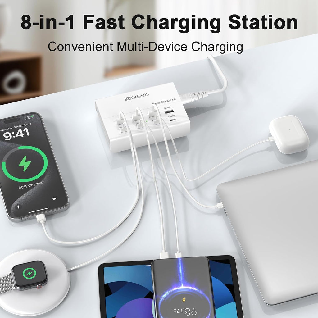 USB charger with USB C PD20W and USB A QC18W, 60W PD fast charging station, 5ft 8-port multiple desktop multi port USB charging hub compatible with iPad iPhone 17/16/15/14, Galaxy S24/S23/S22 - view 2
